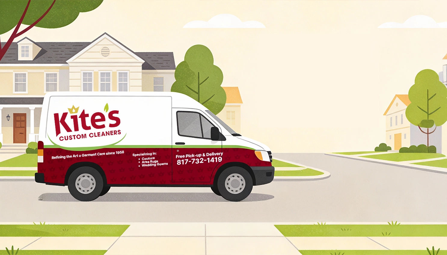 A white and red van labeled "Kite's Custom Cleaners" is parked on a suburban street in front of houses.